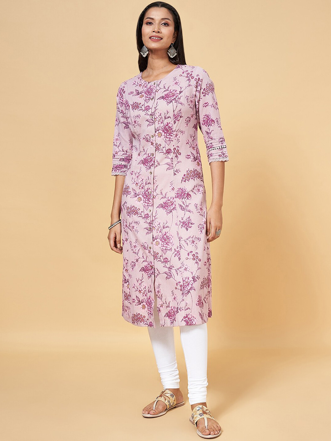 

RANGMANCH BY PANTALOONS Floral Printed Straight Cotton Kurta, Purple