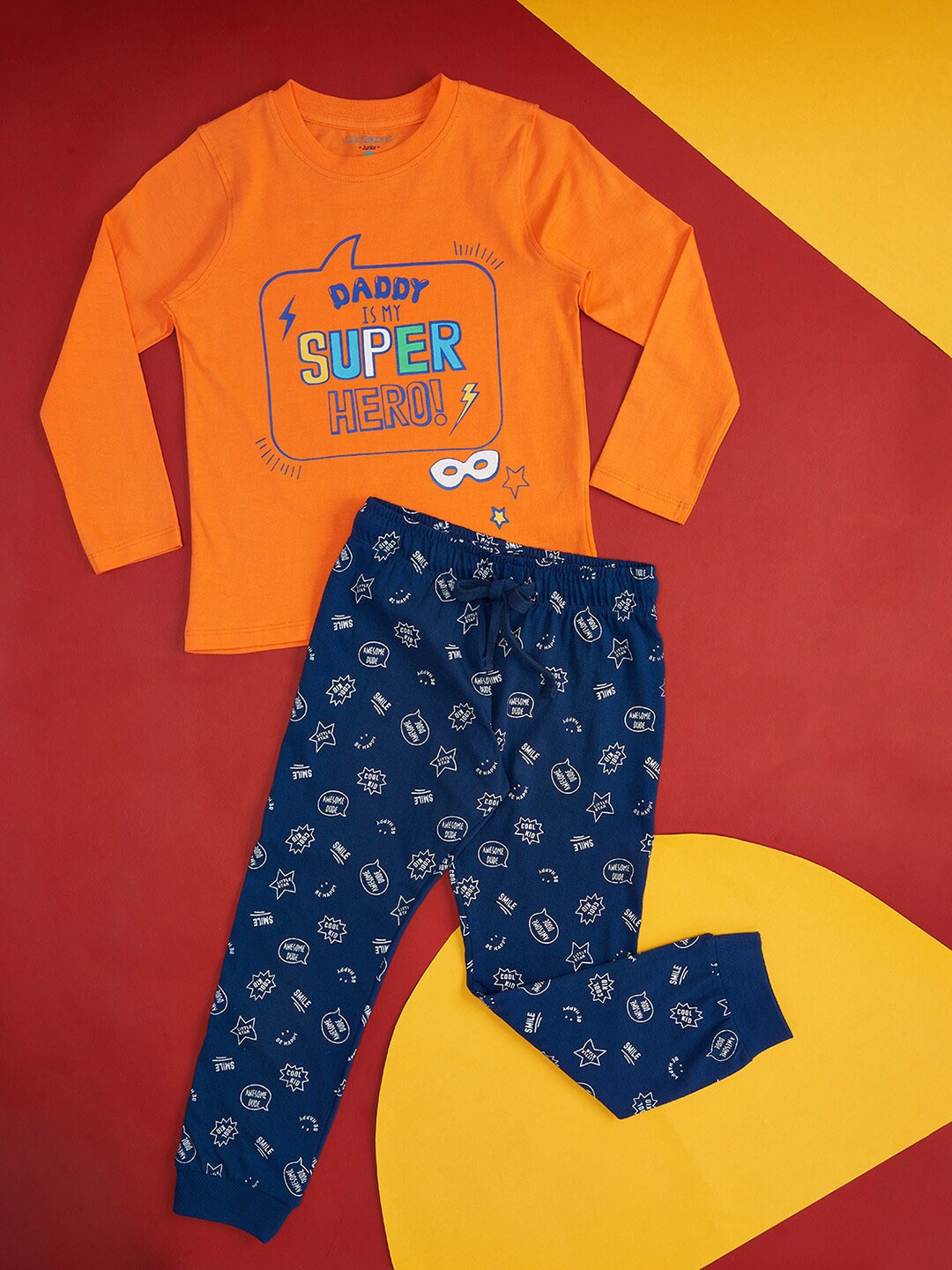 

Pantaloons Junior Boys Typography Printed Pure Cotton T-shirt & Pyjama Night suit, Navy blue