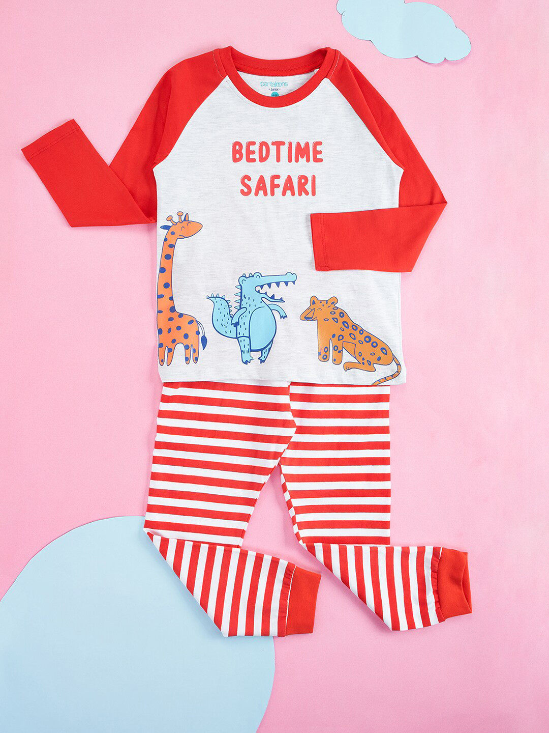 

Pantaloons Junior Boys Graphic Printed Pure Cotton T-shirt & Pyjama Night suit, Red