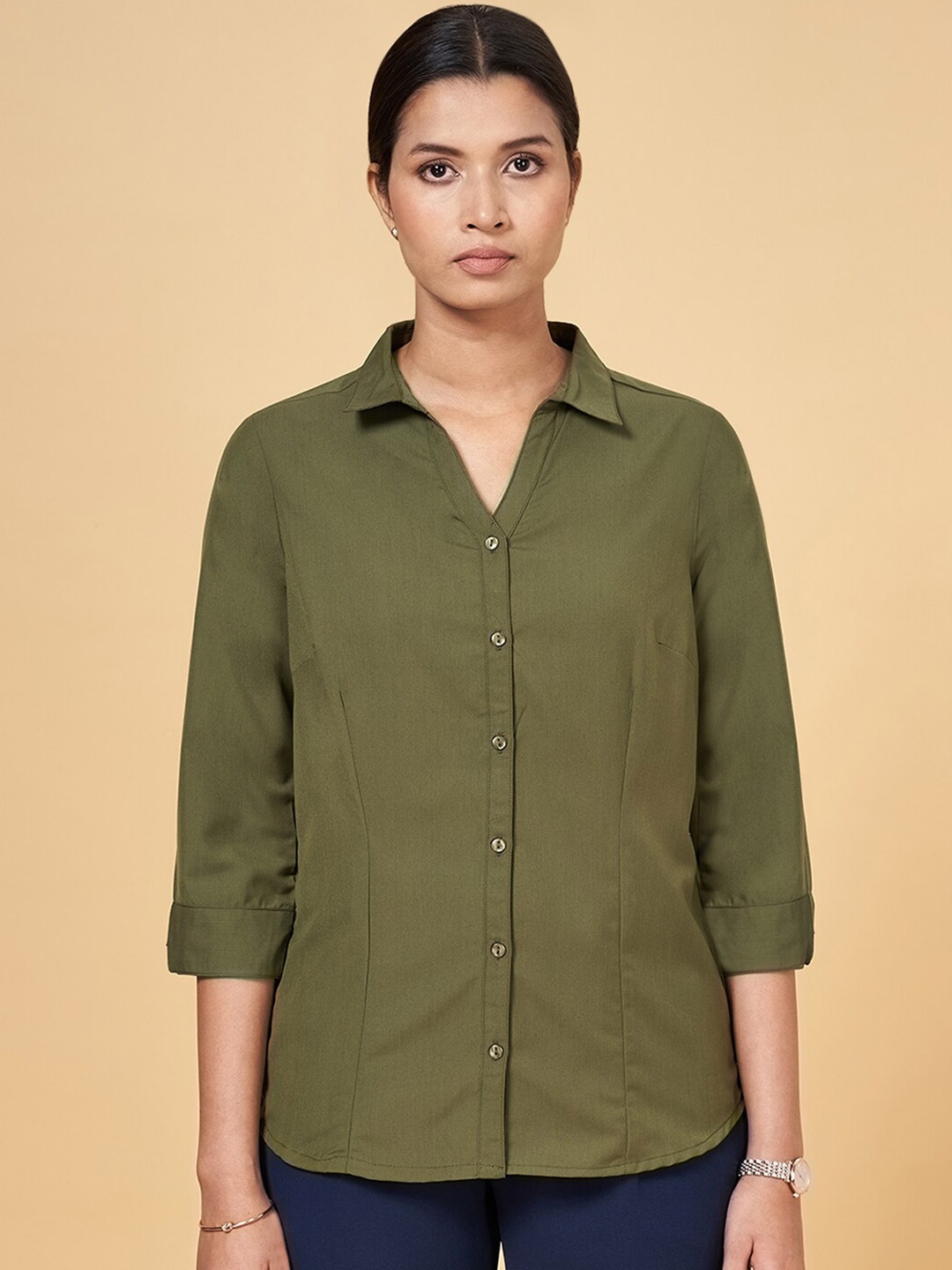 

Annabelle by Pantaloons Spread Collar Formal Shirt, Olive