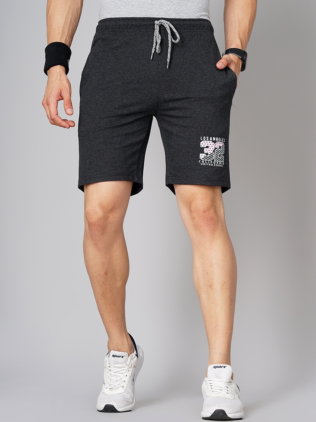 

MADSTO Men Mid Rise Typography Printed Cotton Shorts, Charcoal