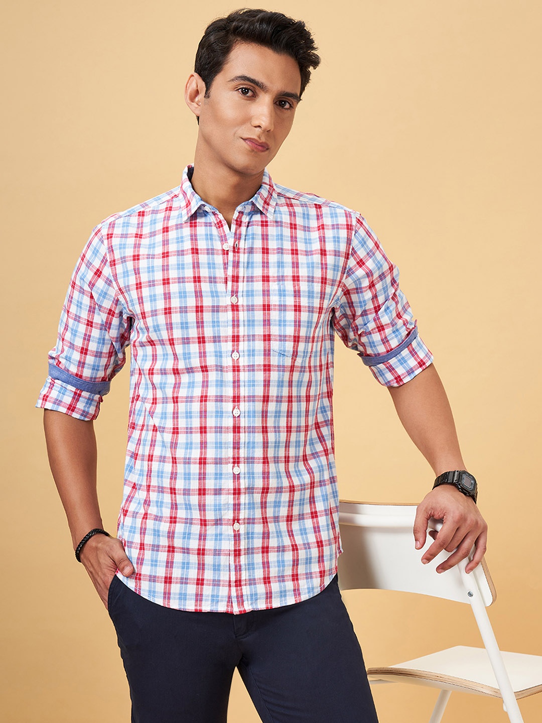 

BYFORD by Pantaloons Tartan Checked Cotton Casual Shirt, Blue