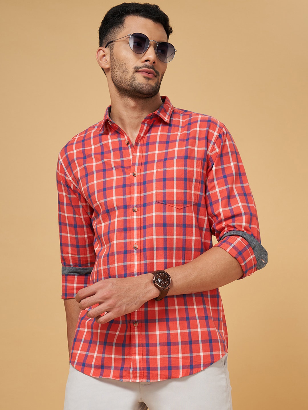 

BYFORD by Pantaloons Tartan Checked Cotton Casual Shirt, Coral