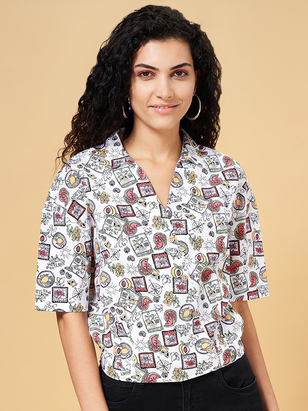 

People Off White Conversational Printed Casual Cotton Shirt
