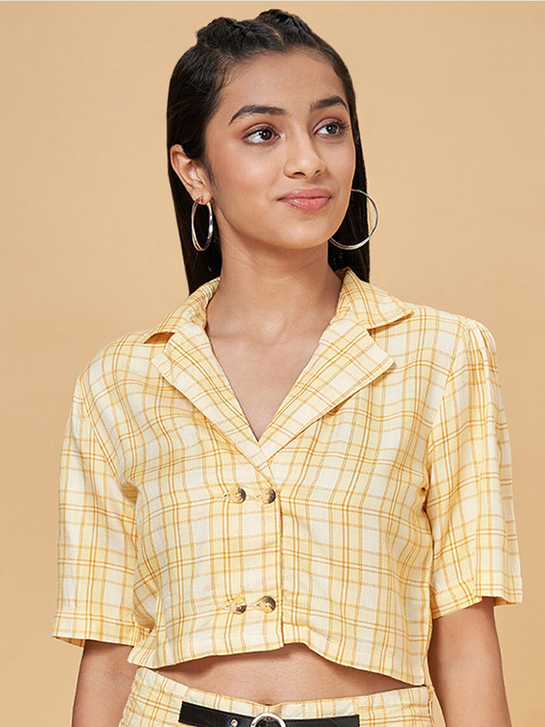 

Coolsters by Pantaloons Checked Cuban Collar Crop Cotton Top, Yellow