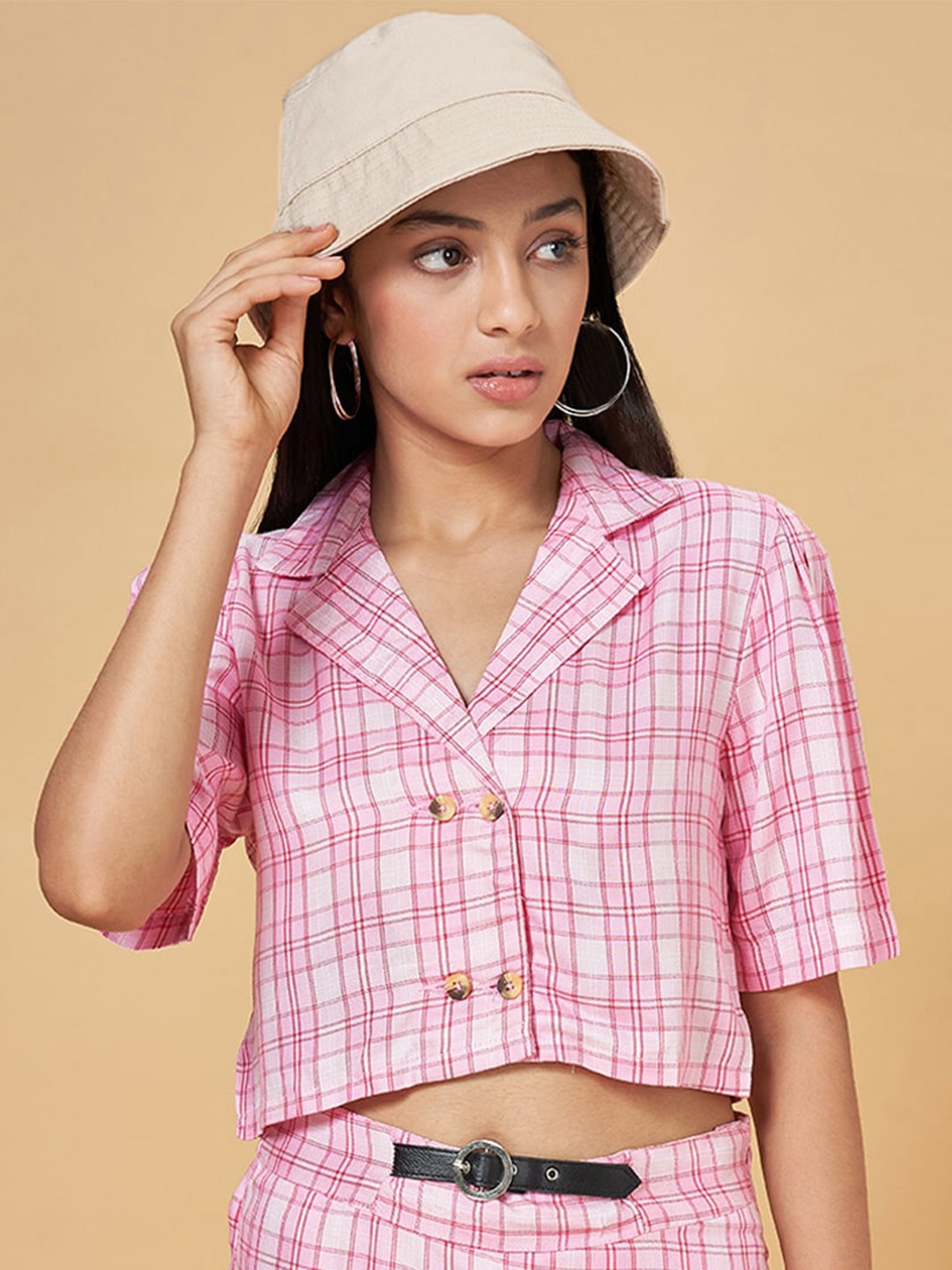 

Coolsters by Pantaloons Checked Cotton Shirt Style Crop Top, Pink