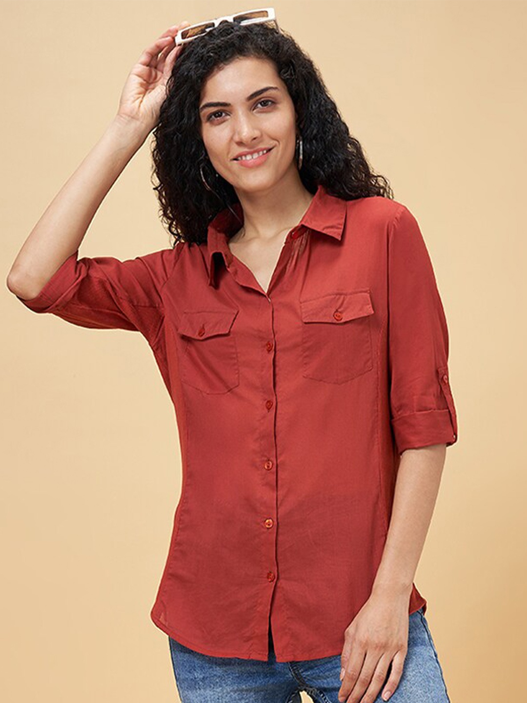 

YU by Pantaloons Rust Roll-Up Sleeves Pure Cotton Shirt Style Top