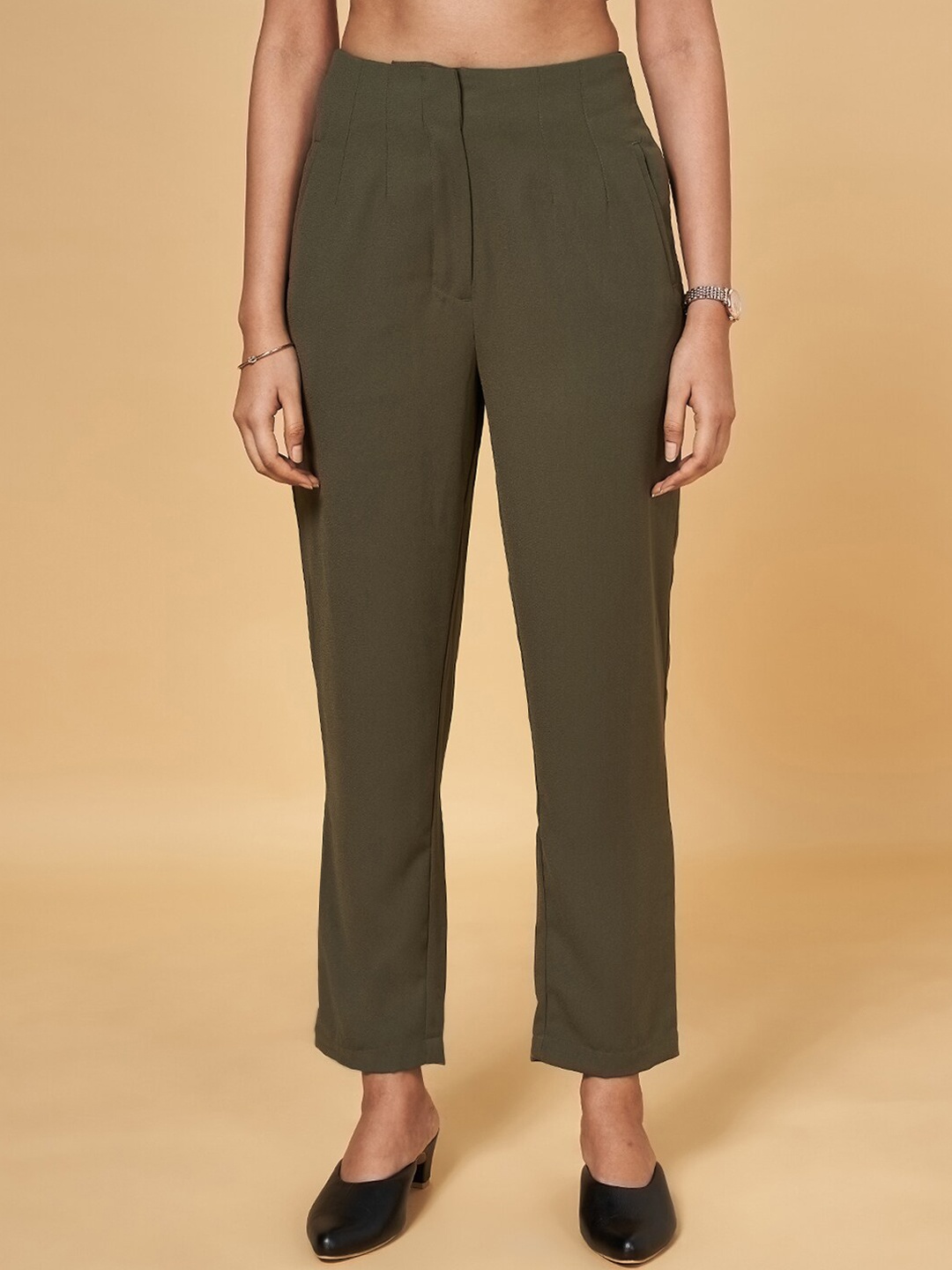 

Annabelle by Pantaloons Women Tapered Fit High-Rise Formal Trousers, Olive