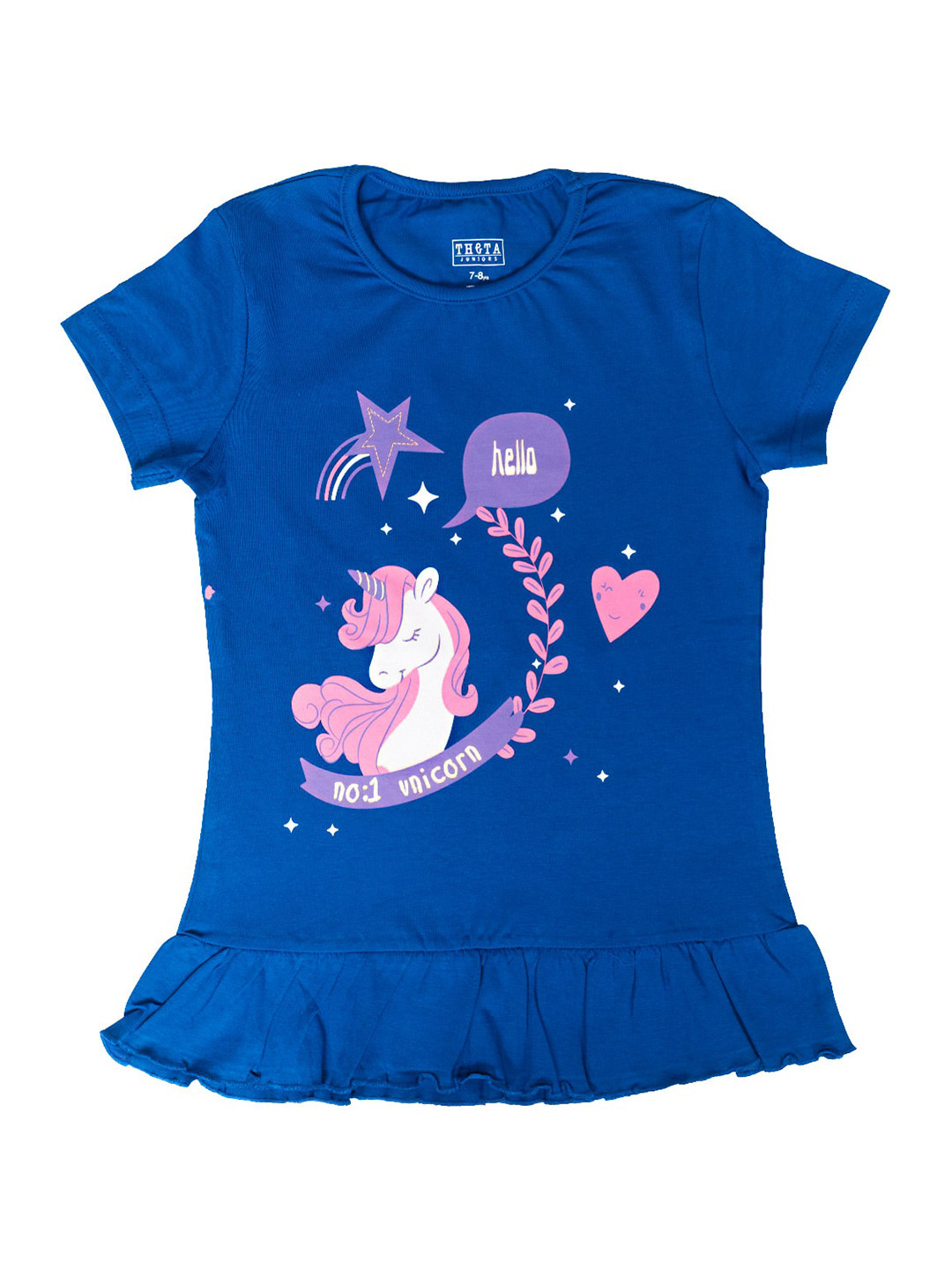 

THETA Girls Graphic Printed Gathered Or Pleated Cotton Top, Navy blue