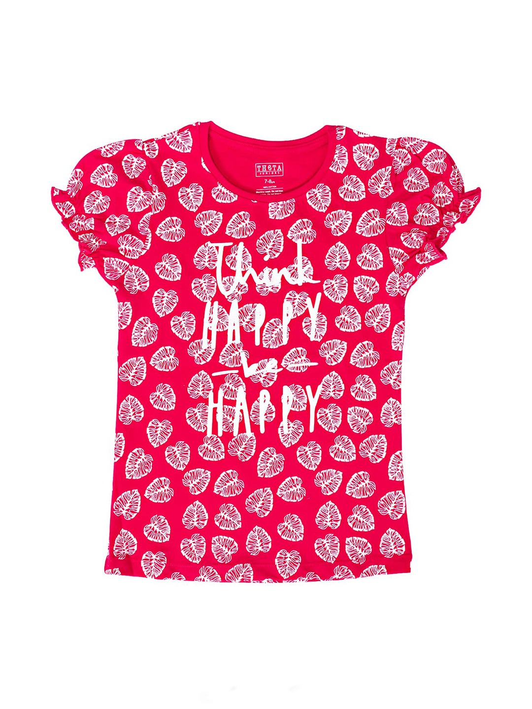 

THETA Girls Graphic Printed Puffed Sleeves Cotton Top, Pink