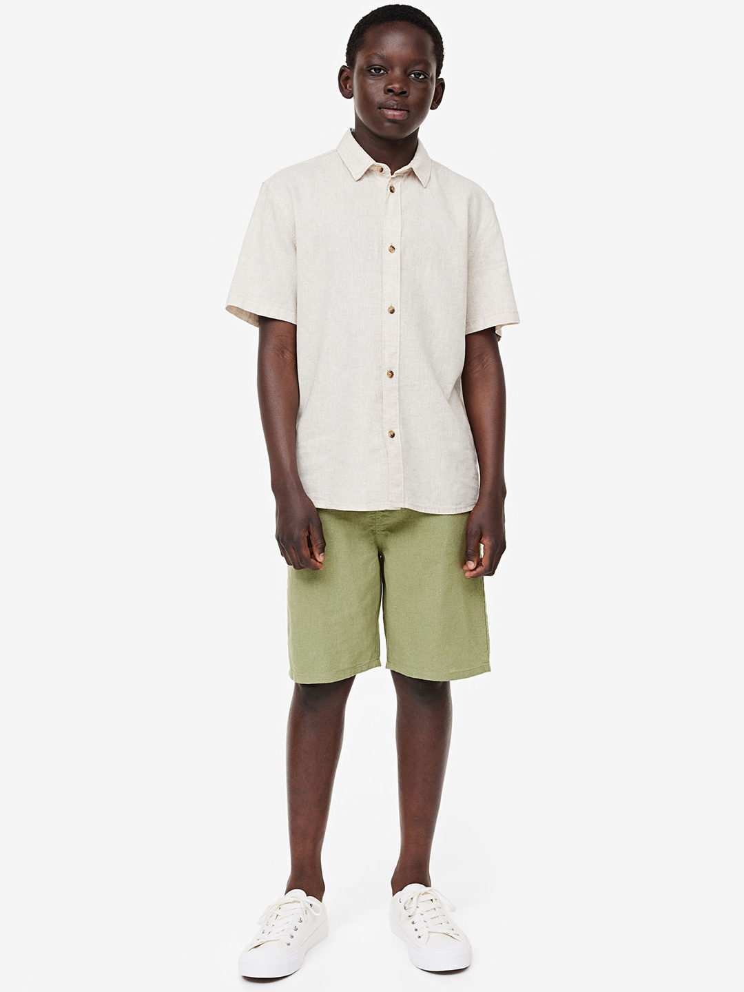 

H&M Boys Linen-Blend Shorts, Olive