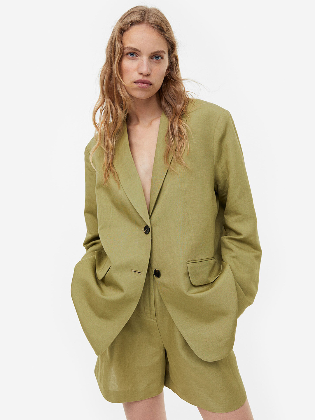 

H&M Oversized Linen-Blend Blazer, Olive
