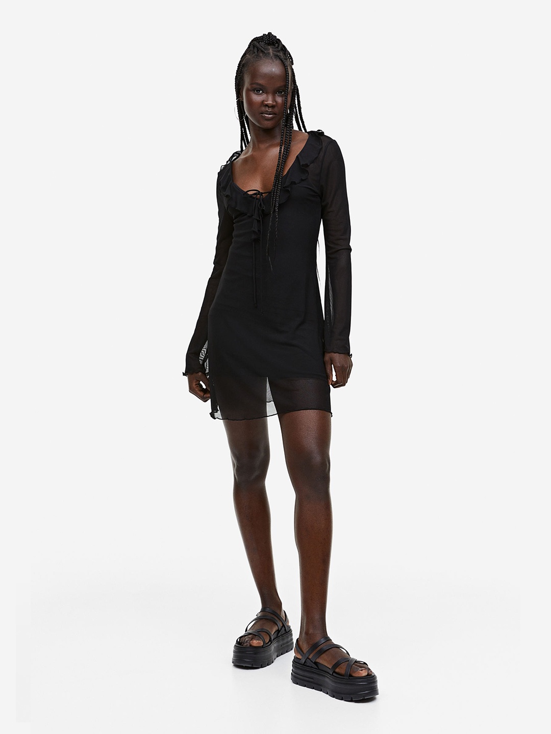 

H&M Flounce-Trimmed Mesh Dress, Black