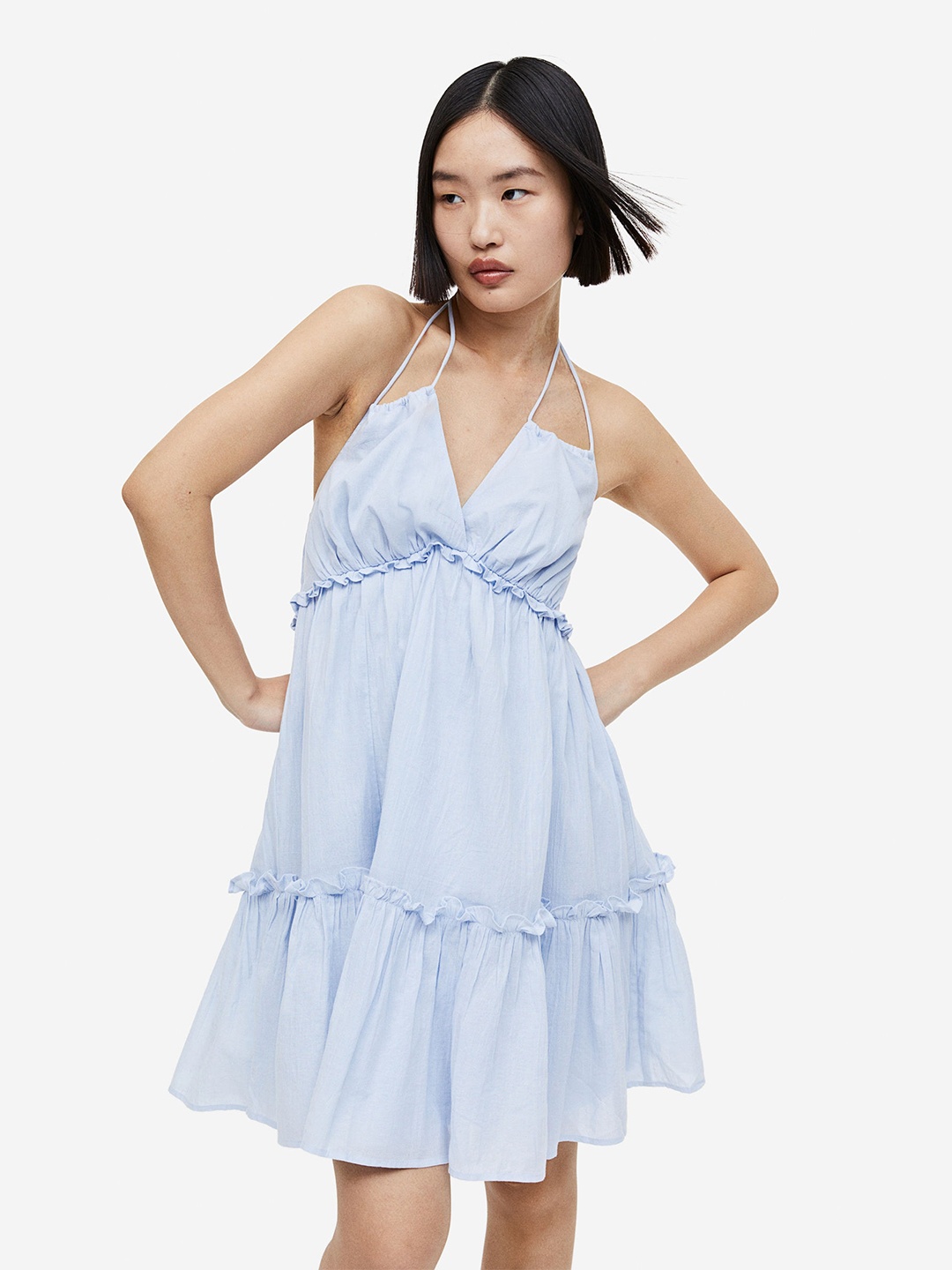 

H&M Frill-Trimmed Pure Cotton Halter Neck Dress, Blue
