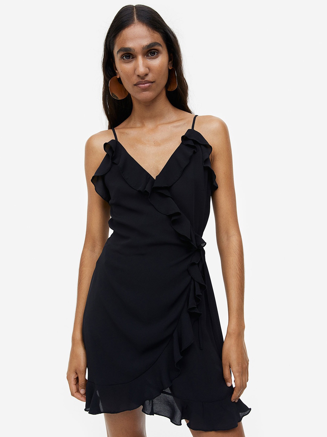 

H&M Flounce-Trimmed Wrap Dress, Black