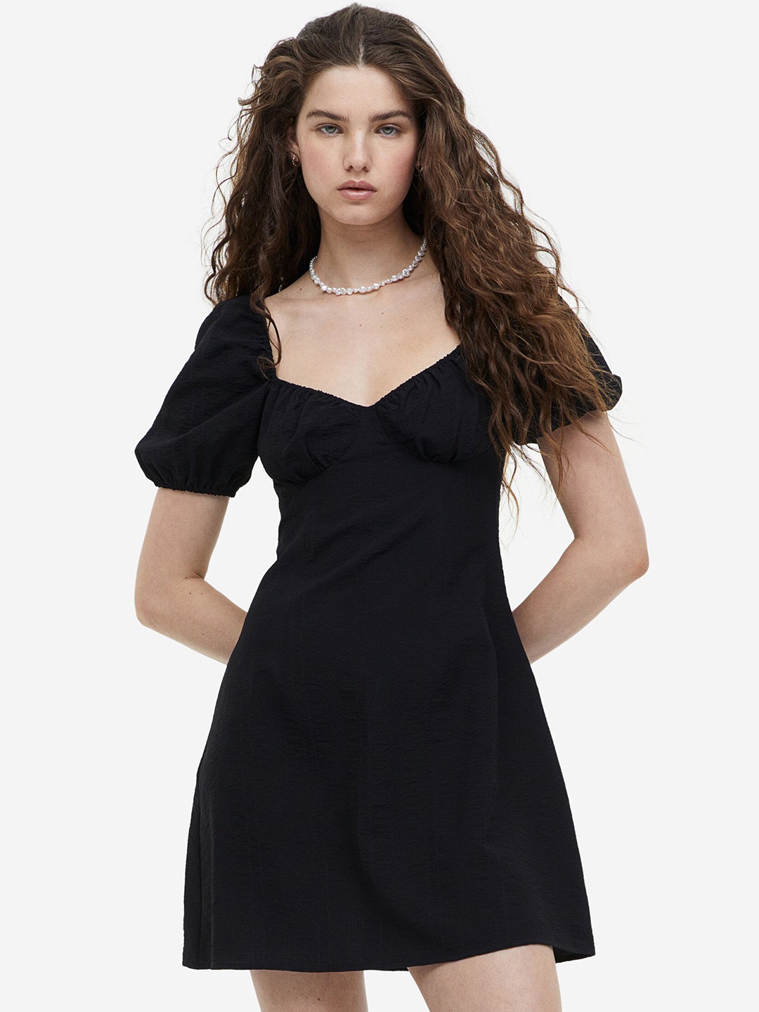 

H&M Puff-Sleeved Crepe Dress, Black