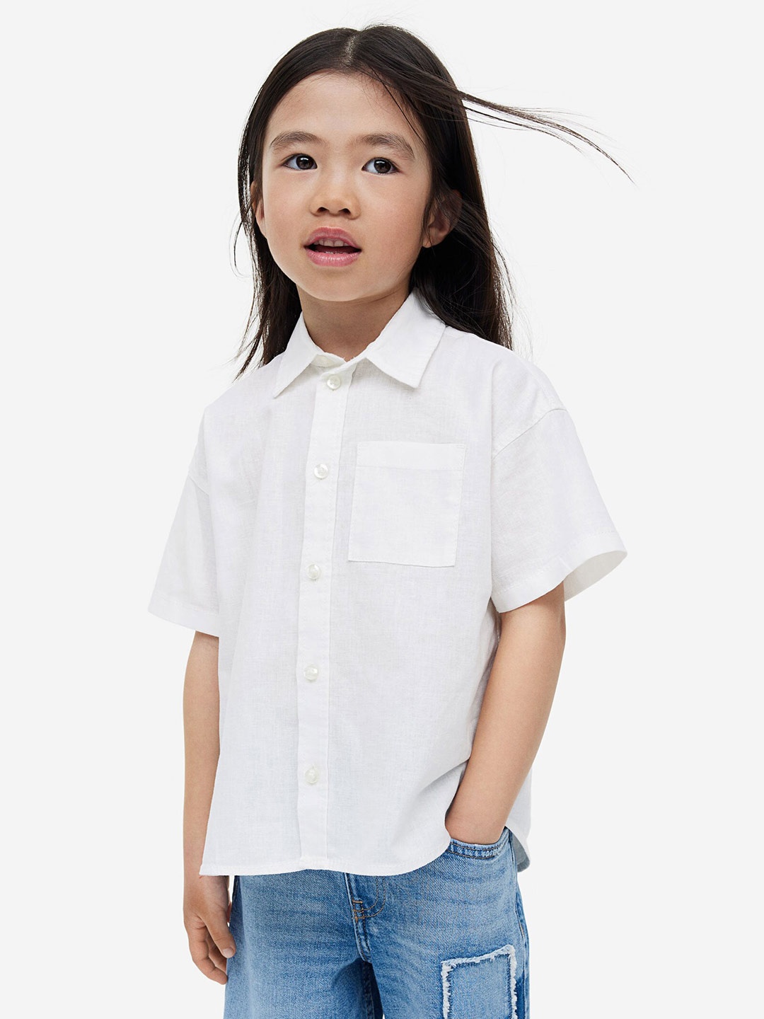

H&M Boys Linen-Blend Poplin Shirt, White