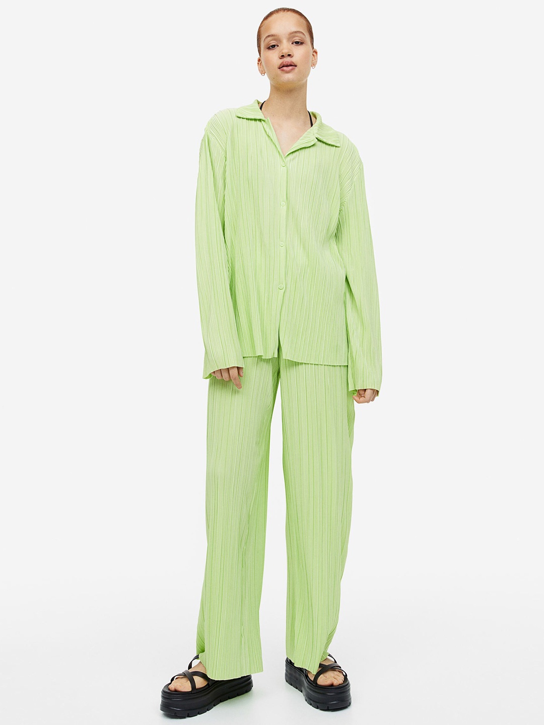 

H&M Women Pleated Jersey Shirt, Lime green