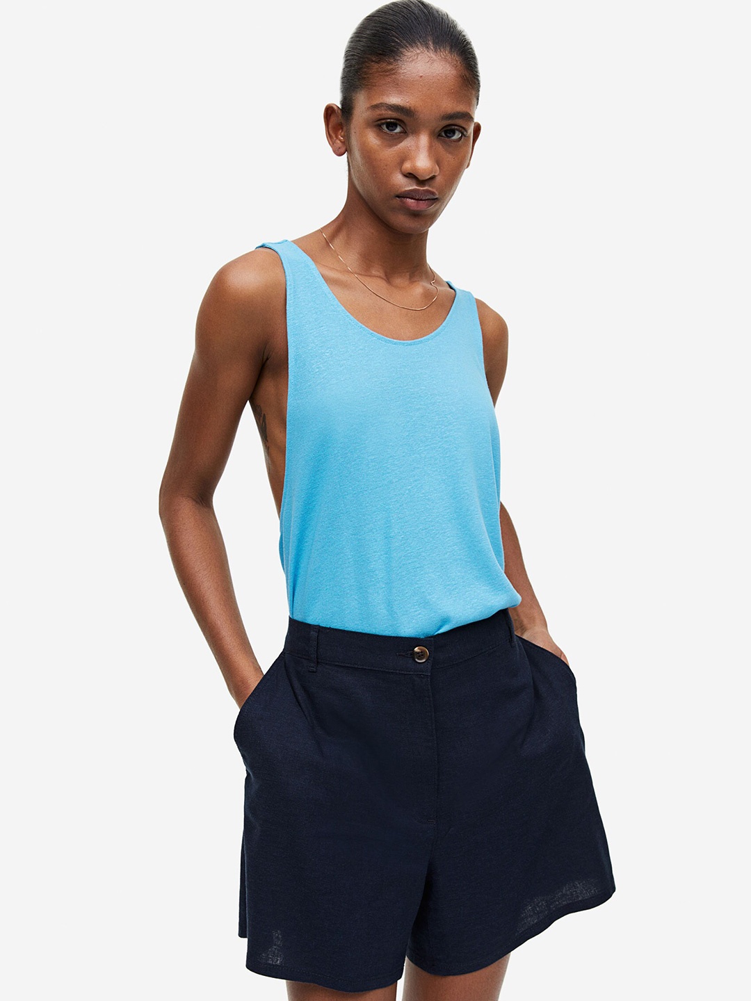 

H&M Linen-Blend Vest Top, Blue