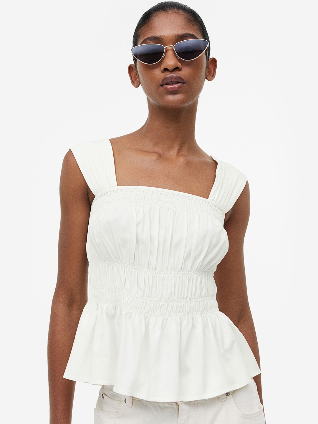 

H&M Smocked Top, White
