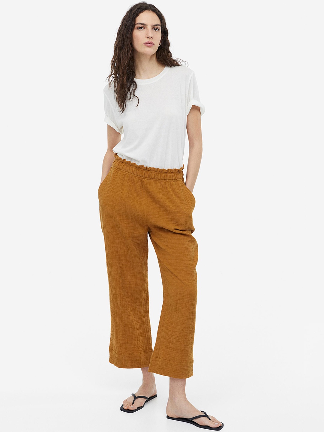 

H&M Women Pure Cotton Paper Bag Trousers, Brown