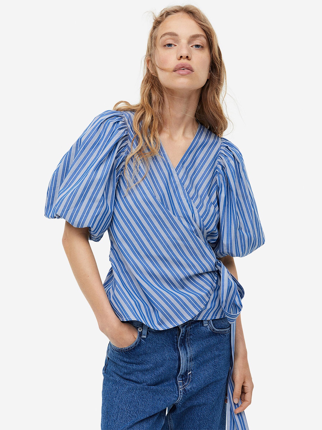 

H&M Balloon-Sleeved Wrap Cotton Blouse, Blue