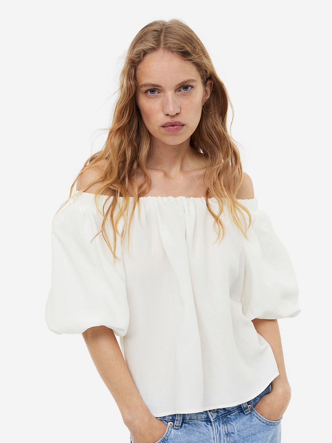 

H&M Puff-Sleeved Off-The-Shoulder Blouse, White