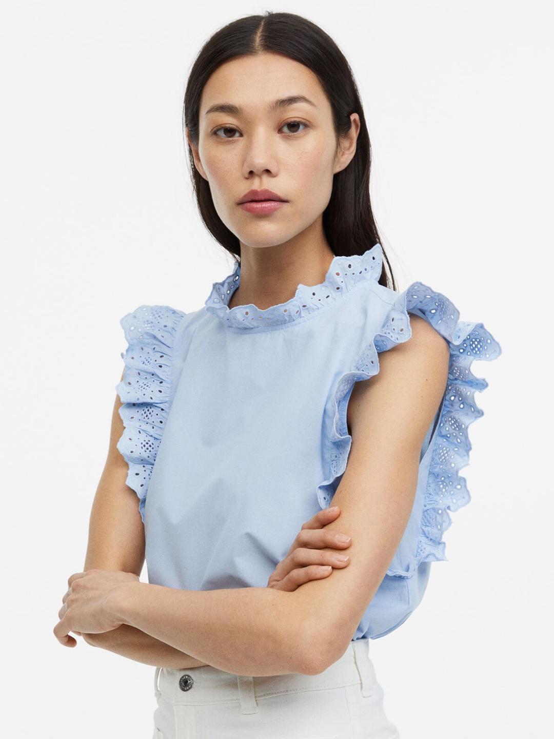 

H&M Pure Cotton Broderie Anglaise-Detail Blouse, Blue