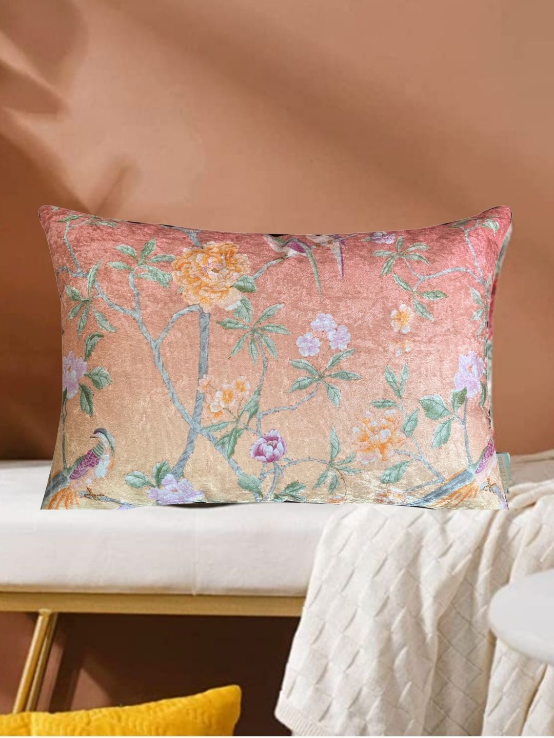 

Tasseled Home Peach-Coloured & Green Floral Velvet Rectangle Cushion Cover