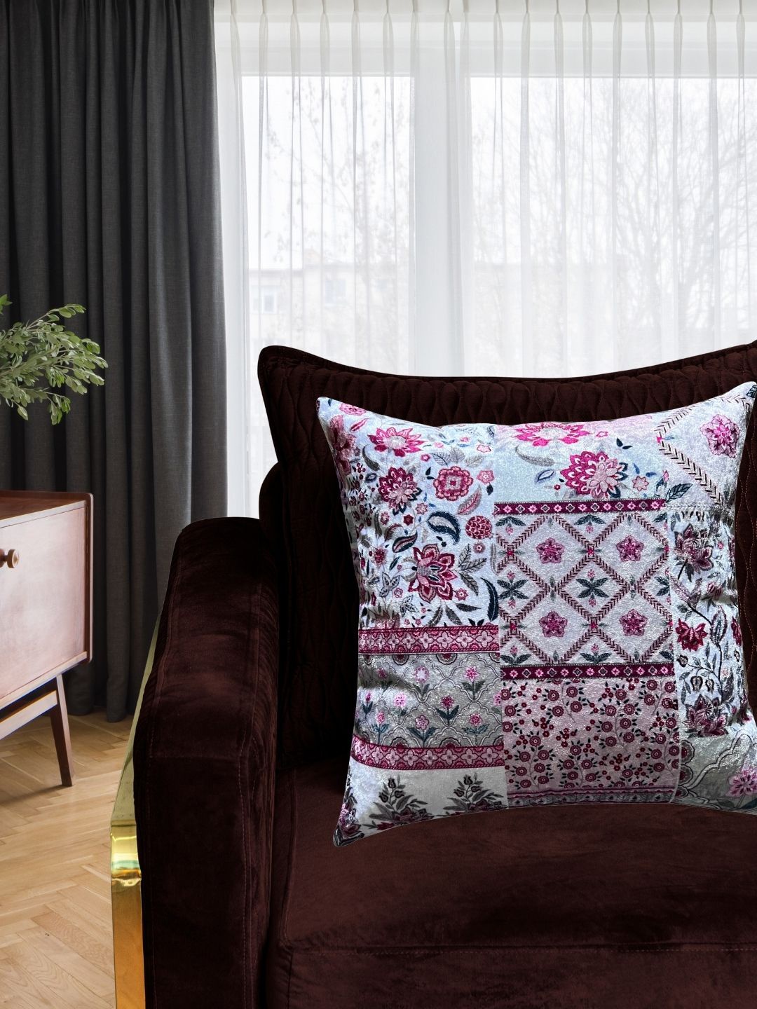 

Tasseled Home Beige & Pink Floral Velvet Square Cushion Cover