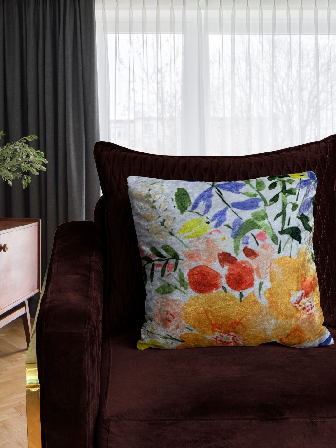 

Tasseled Home White & Yellow Floral Velvet Square Cushion Cover