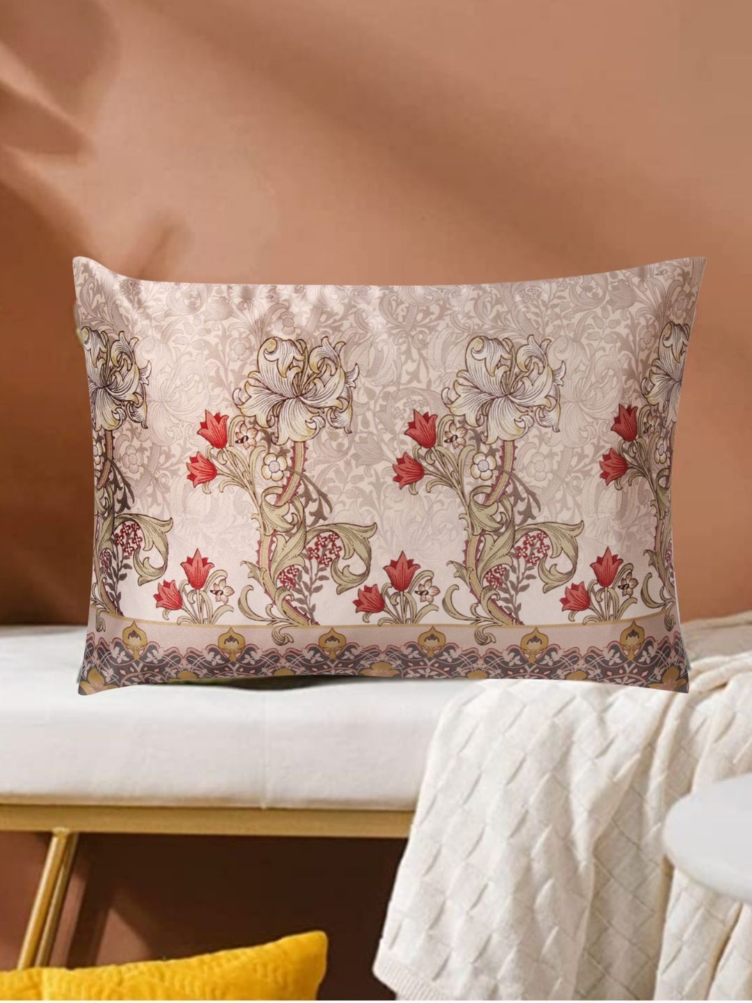 

Tasseled Home Gold-Toned & Red Floral Velvet Rectangle Cushion Cover