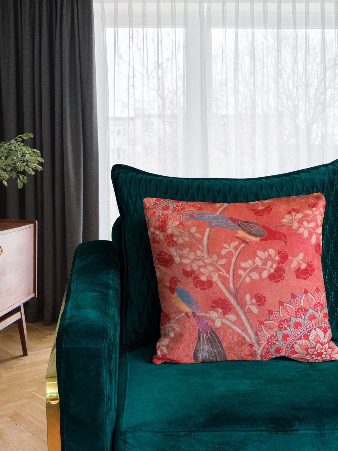 

Tasseled Home Pink & Blue Ethnic Motifs Velvet Square Cushion Cover