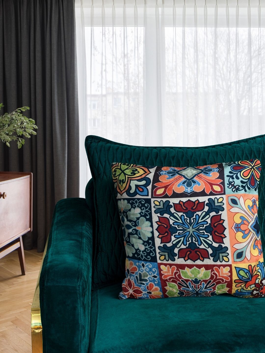 

Tasseled Home Olive Green & Green Ethnic Motifs Velvet Square Cushion Cover