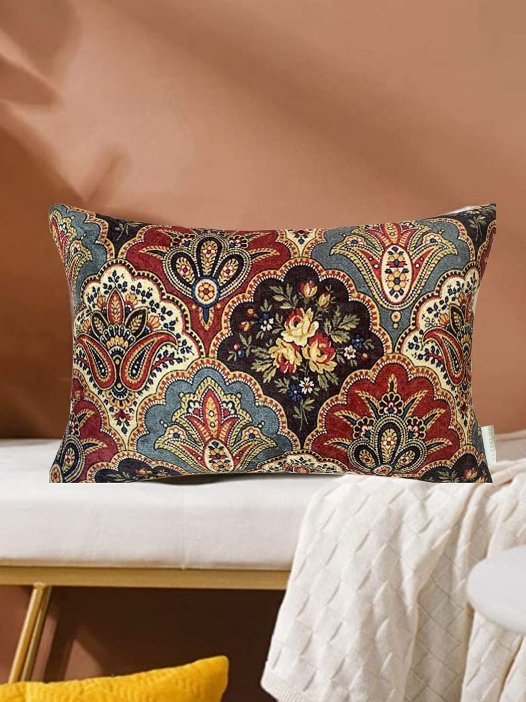 

Tasseled Home Red & Grey Ethnic Motifs Velvet Rectangle Cushion Cover