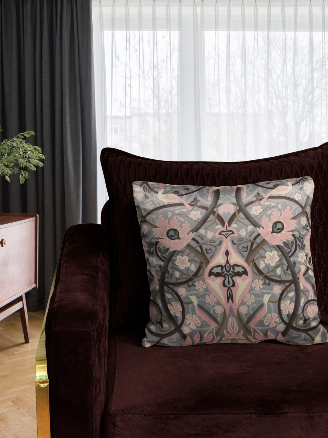 

Tasseled Home Grey & Pink Floral Velvet Square Cushion Cover