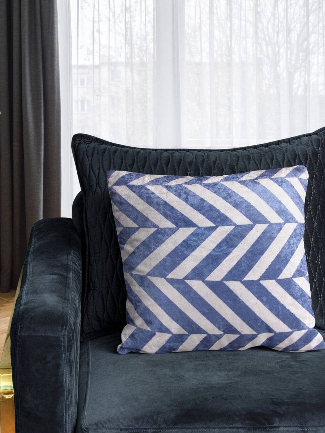 

Tasseled Home Blue & White Striped Velvet Square Cushion Cover