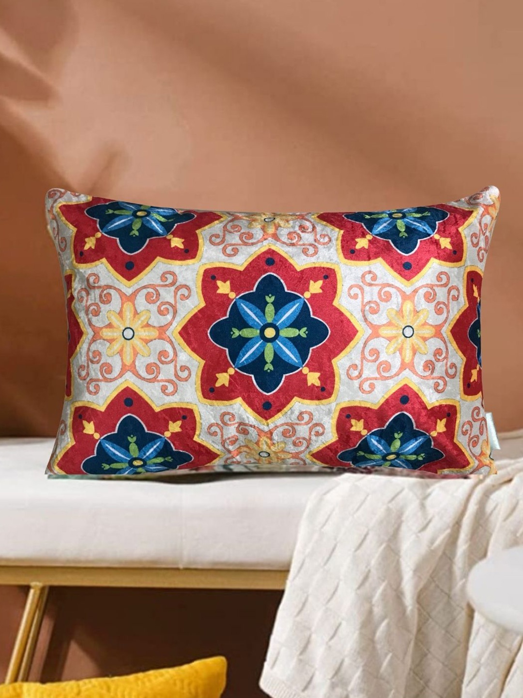 

Tasseled Home White & Red Ethnic Motifs Velvet Rectangle Cushion Cover