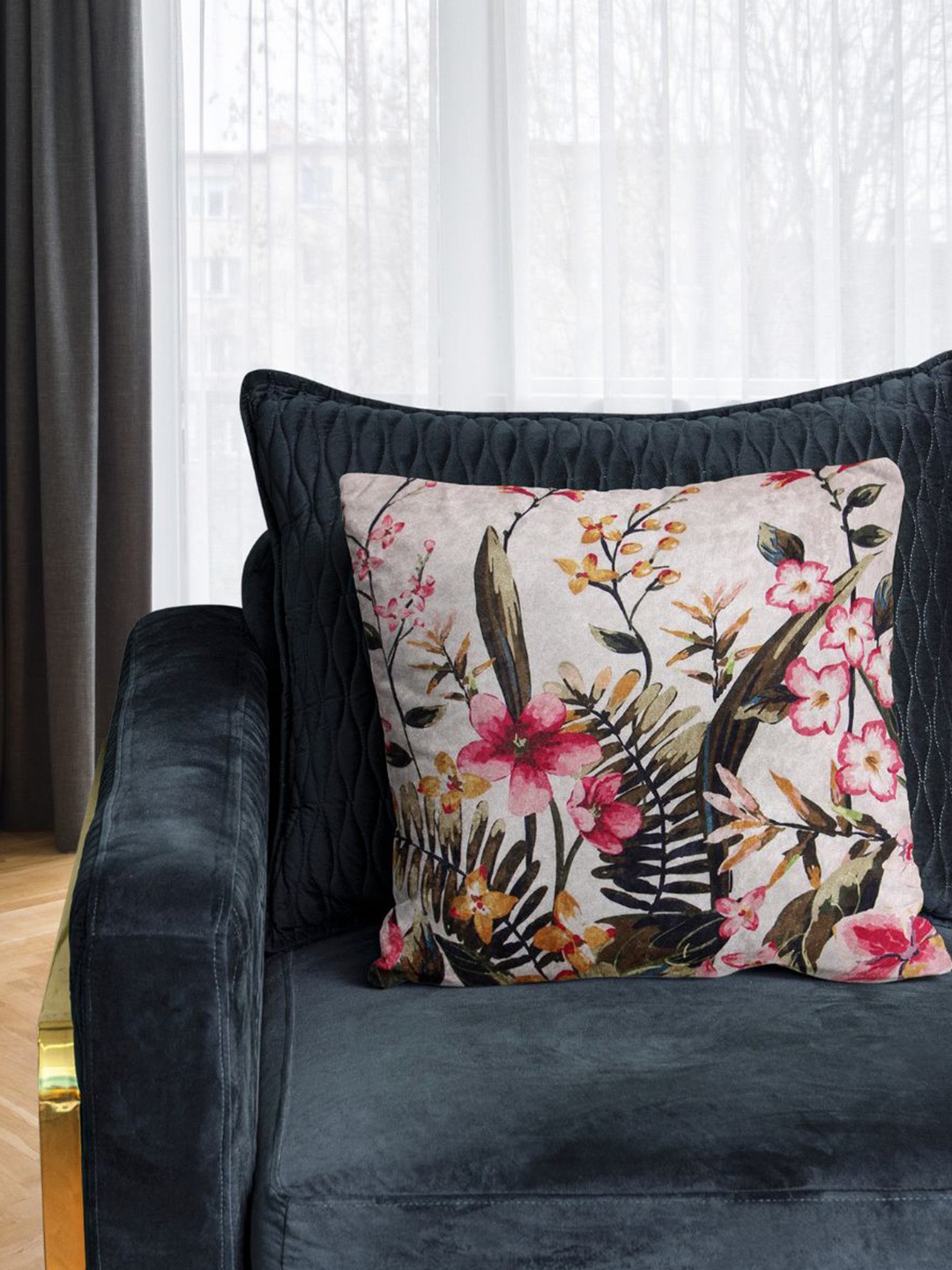 

Tasseled Home White & Pink Floral Velvet Square Cushion Cover
