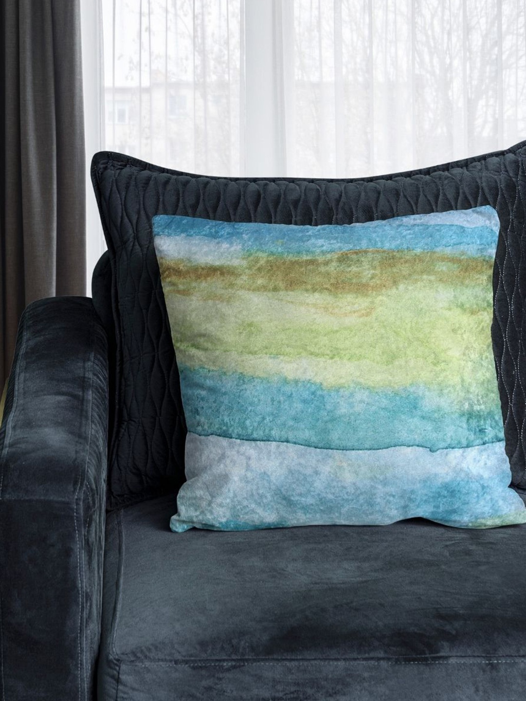 

Tasseled Home Green & Blue Abstract Velvet Square Cushion Cover