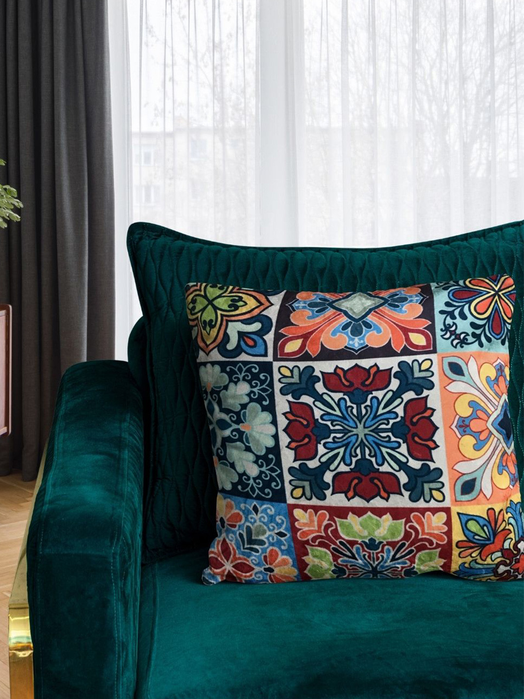 

Tasseled Home Yellow & Maroon Ethnic Motifs Velvet Square Cushion Cover