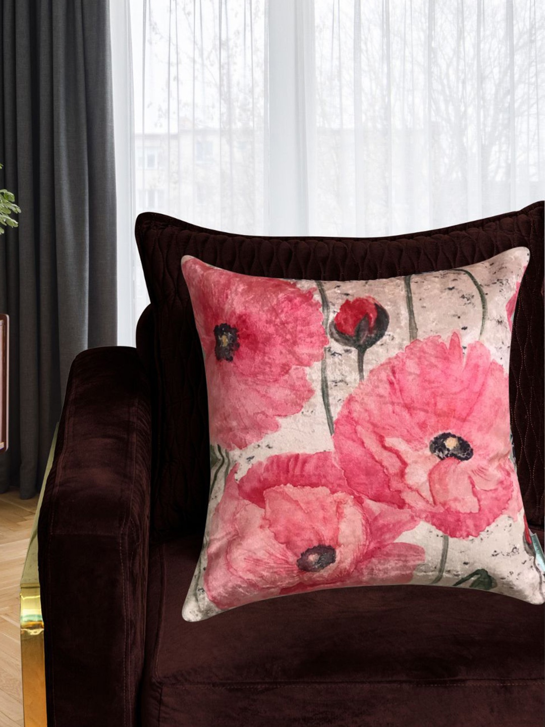 

Tasseled Home Pink & Green Floral Velvet Square Cushion Cover