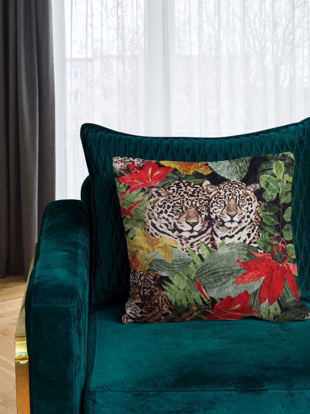 

Tasseled Home Jungle Green & Red Abstract Velvet Square Cushion Cover