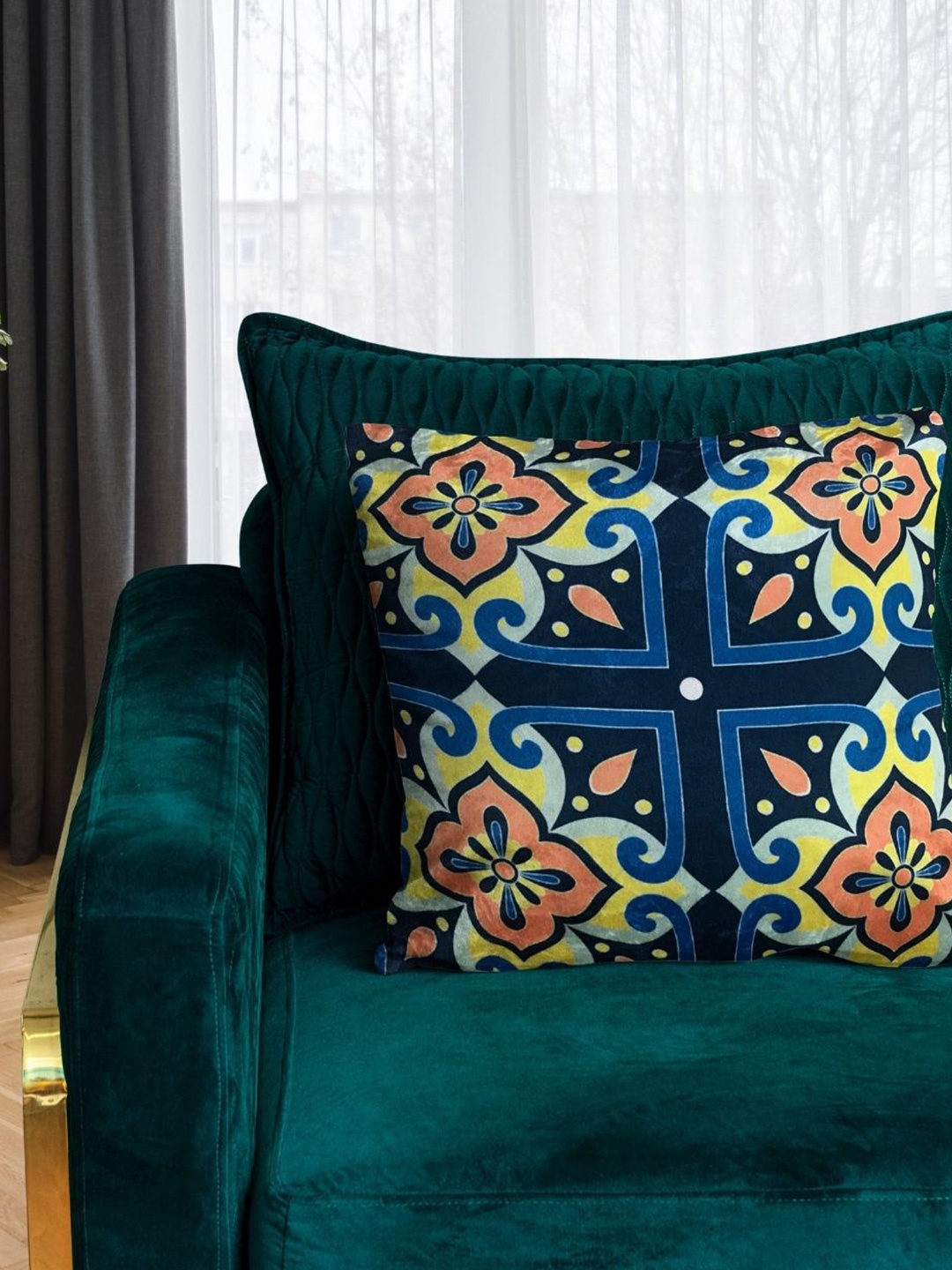 

Tasseled Home Blue & Orange Ethnic Motifs Velvet Square Cushion Cover