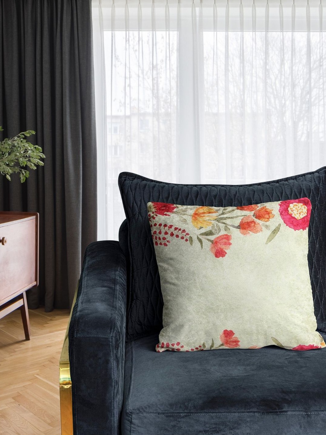 

Tasseled Home Happy Yellow & Pink Floral Velvet Square Cushion Cover
