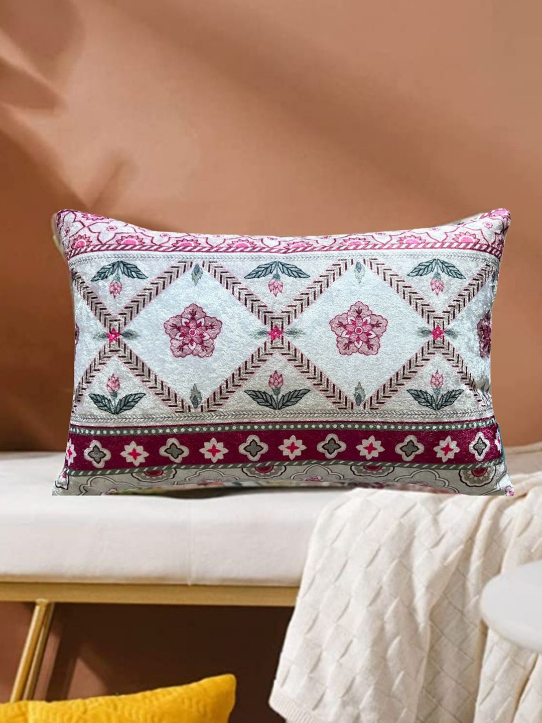 

Tasseled Home Chintz White & Pink Ethnic Motifs Velvet Rectangle Cushion Cover