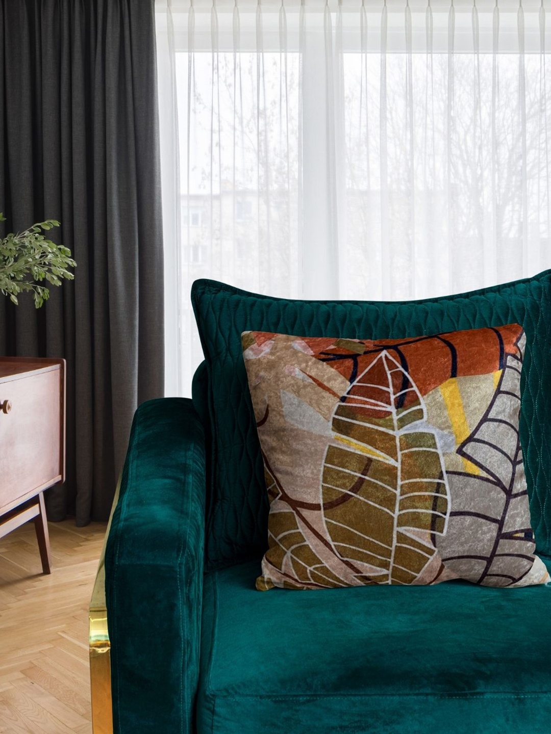

Tasseled Home Twig Beige & Green Abstract Velvet Square Cushion Cover