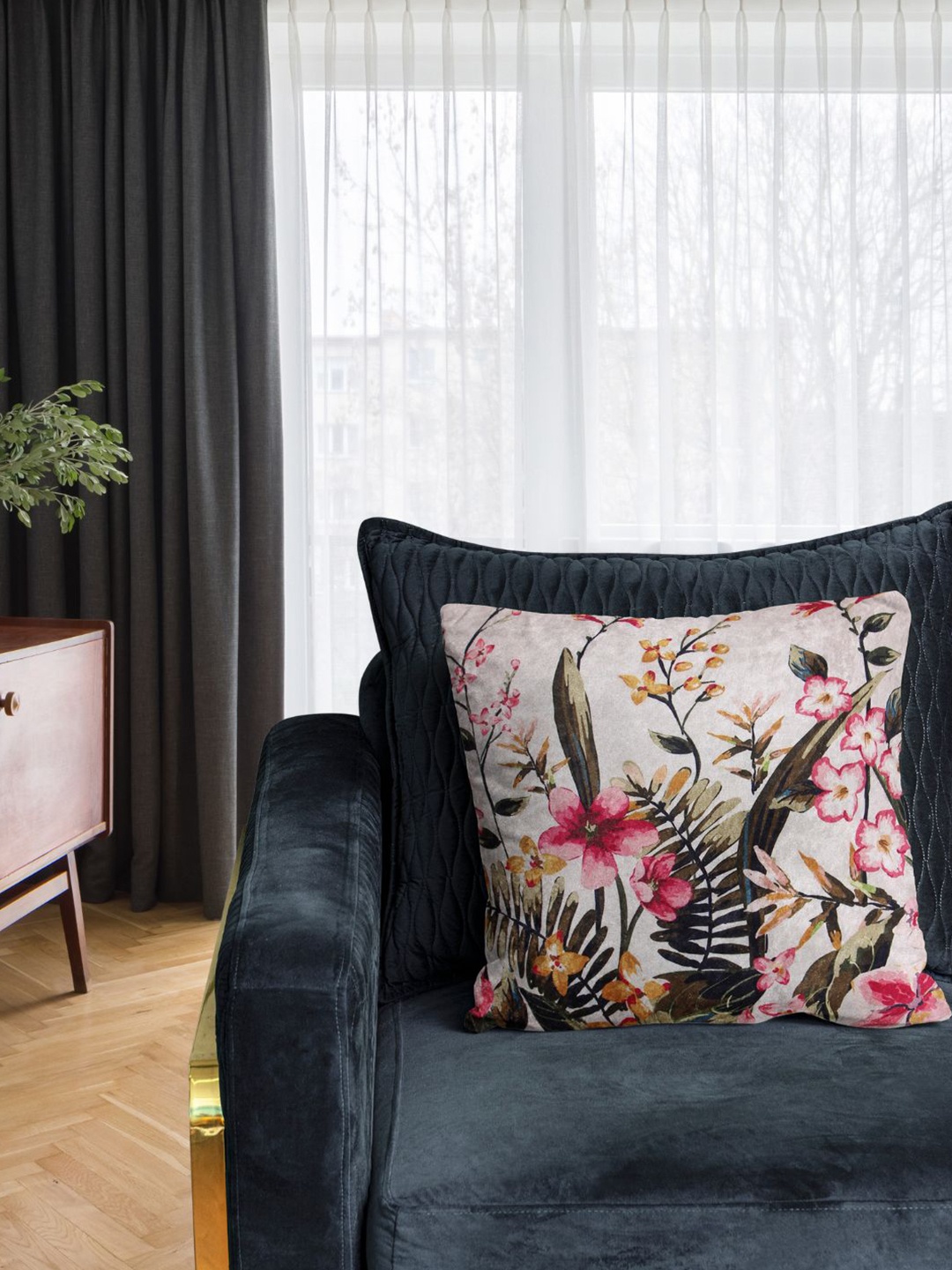 

Tasseled Home Happy White & Pink Floral Velvet Square Cushion Cover
