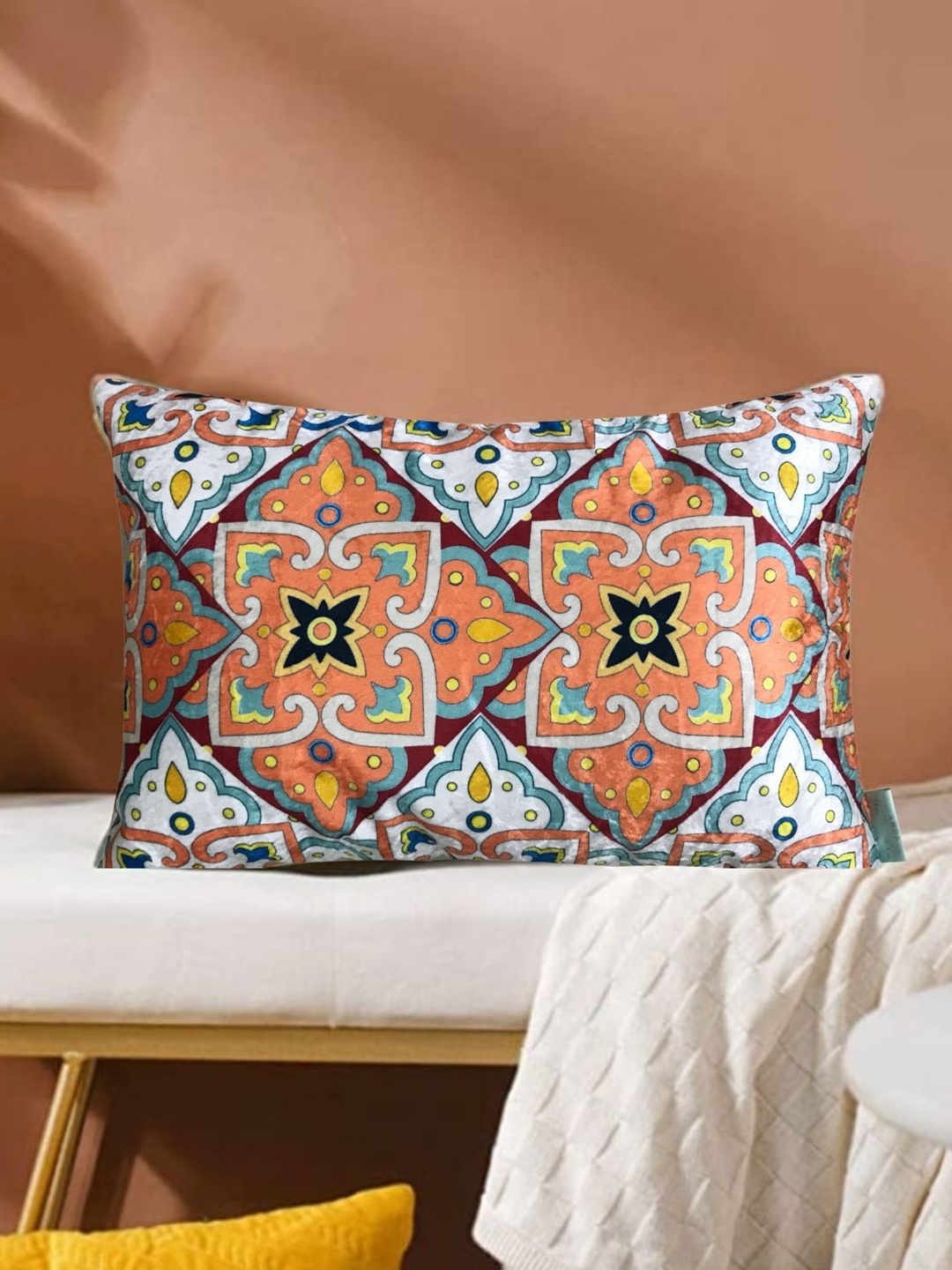 

Tasseled Home Moroccan White & Orange Ethnic Motifs Velvet Rectangle Cushion Cover