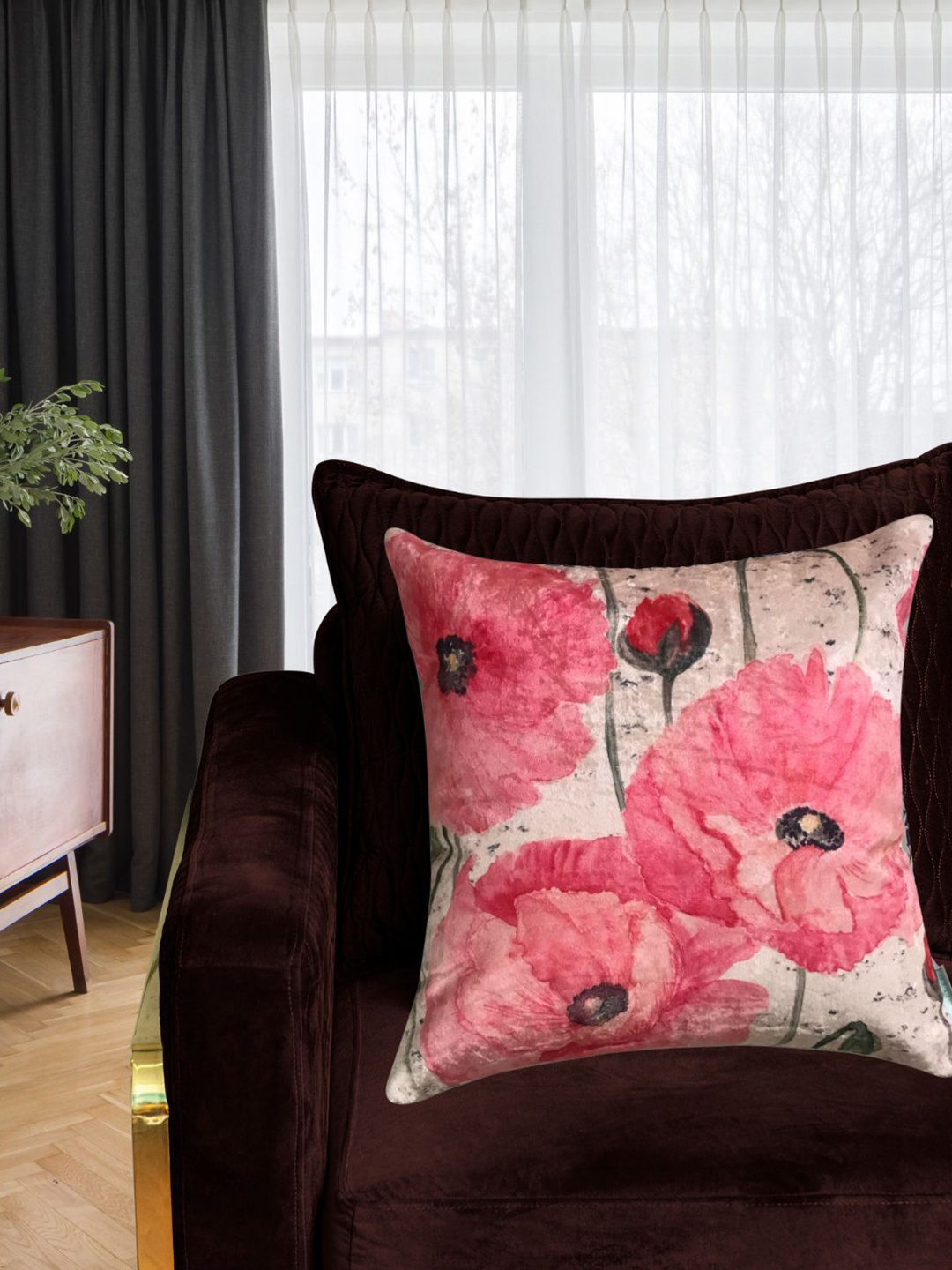 

Tasseled Home Pink & Beige Floral Velvet Square Cushion Cover